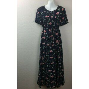 Charter Club Womens Navy Silk Short Sleeve Pink Floral Long Dress Size 8